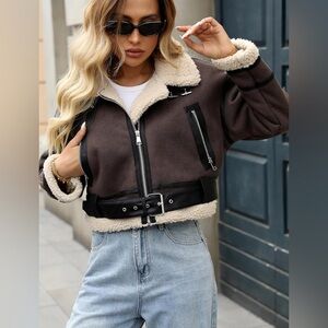 LY VAREY LIN Winter Faux Lamb Fur Leather Short Jacket Lapel Zipper Bomber Coat